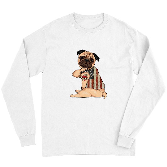 Pug Lover I Love uncle Tattoo American Flag Fathers Day Pugs Dog Long Sleeves