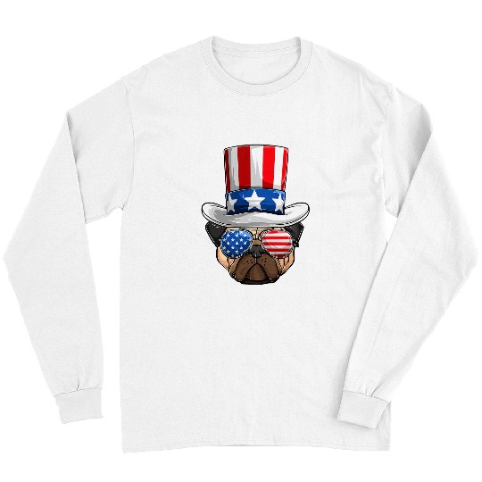 Pug Lover American Flag Patriotic Men 4th Of July Poppy Pugs Dog Long Sleeves