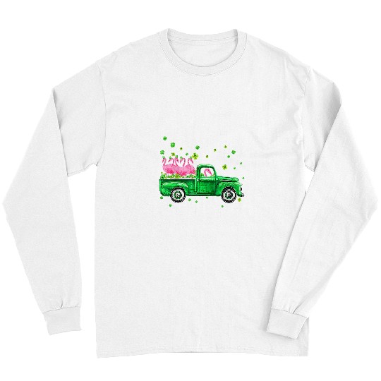 Pink Flamingo Irish Green Truck Lucky shamrock St Patrick gift Flamingos Long Sleeves