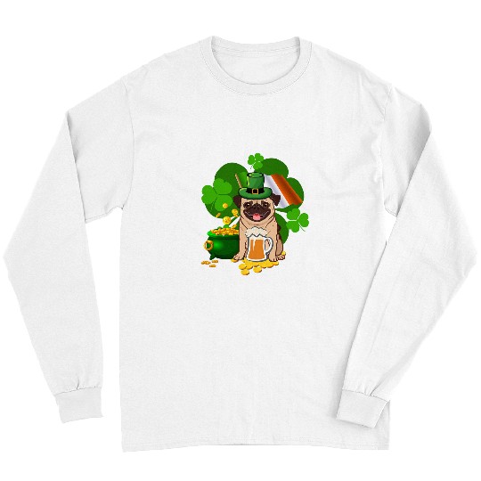 Pug Lover Drinking Beer St Patricks Day Ireland Flag Drinking Pugs Dog Long Sleeves