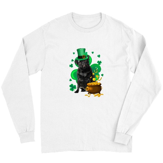 Pug Lover Lovely Black Pug With Pot of Gold St Patricks Day Shamrock Pugs Dog Long Sleeves