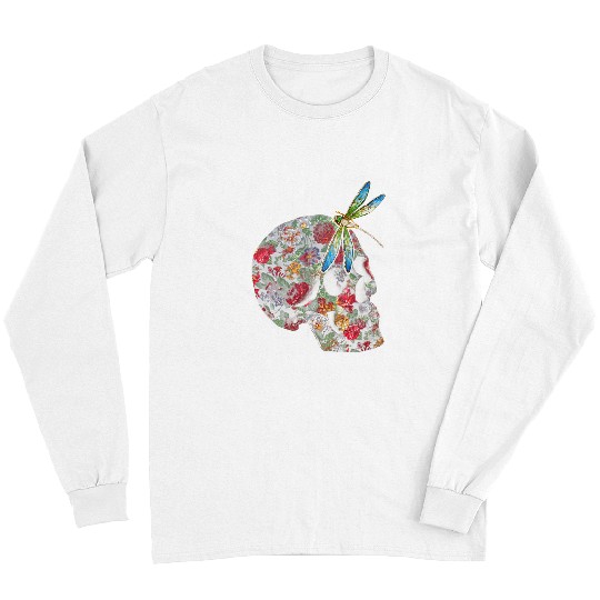 Skeletons Skulls Flowers Painting Dragonfly Floral Skull Lover Skull Long Sleeves