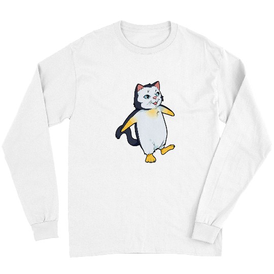 Funny penguin illustration with a cat face on it Long Sleeves