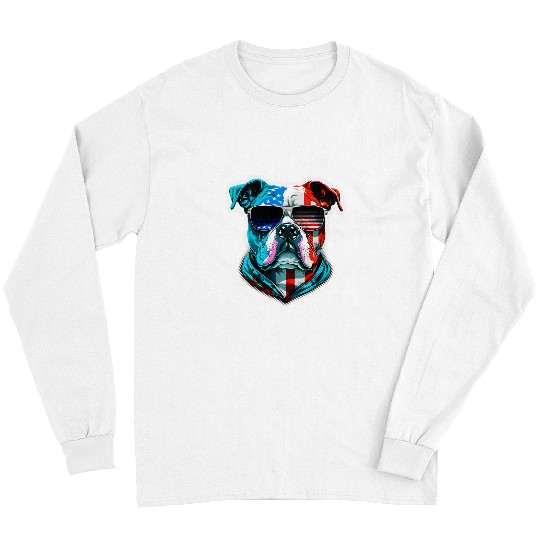 Bulldog Dog Red White Blue American Flag Sunglasses Long Sleeves