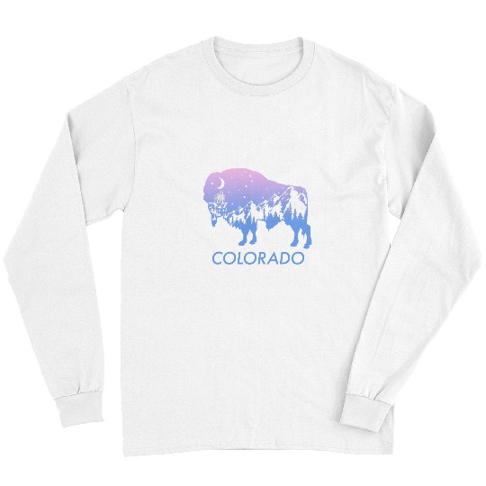 Colorado Flag Buffalo Night Sky Mountain Landscape Graphic Long Sleeves