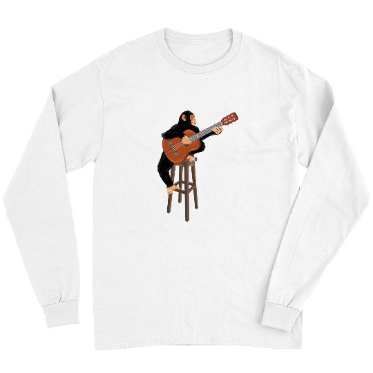 Funny Guitar Lover Chimpanzee playing acoustic guitar. Funny monkey Long Sleeves