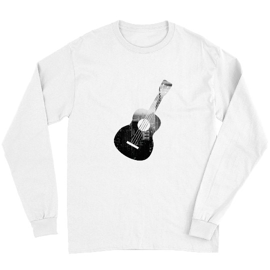 Funny Guitar NYC Skyline overlay artwork on a minimal acoustic guitar Long Sleeves