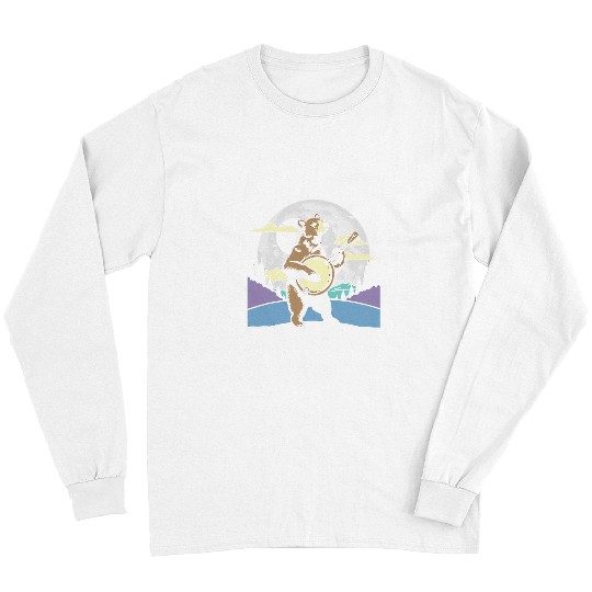 Funny Banjo Bears Banjo Pickin Bear Retro Folk Music Night Moon Graphic Long Sleeves