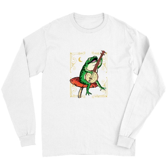 Funny Banjo Frog Playing Banjo Cottagecore Frog on Mushroom I Love Long Sleeves