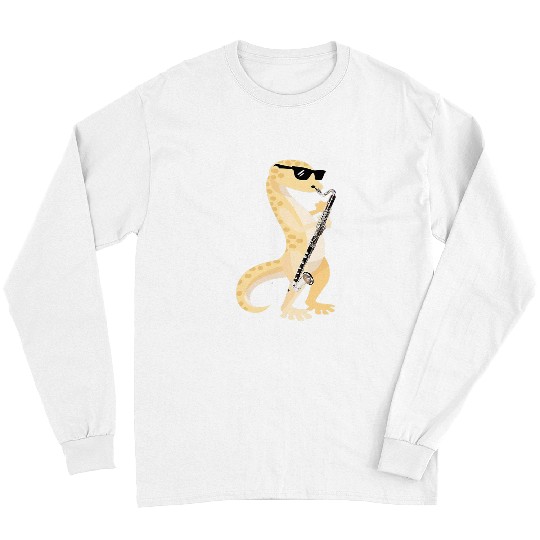Funny Clarinet Gecko Lover Funny Gecko Wearing Sunglasses Playing Bass Clarinet Lizard Long Sleeves