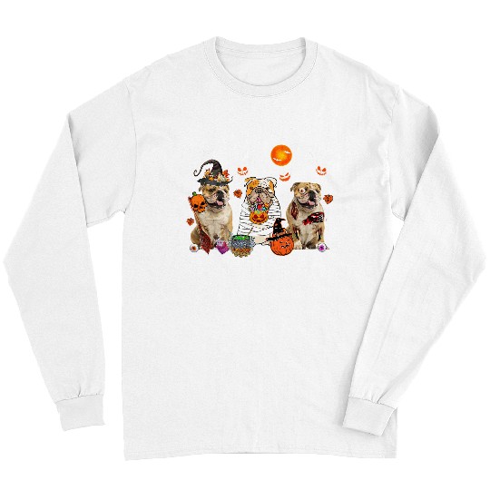 English Bulldog Pet Three Bulldog Dogs Witch Scary Mummy Halloween Zombie Lover Long Sleeves