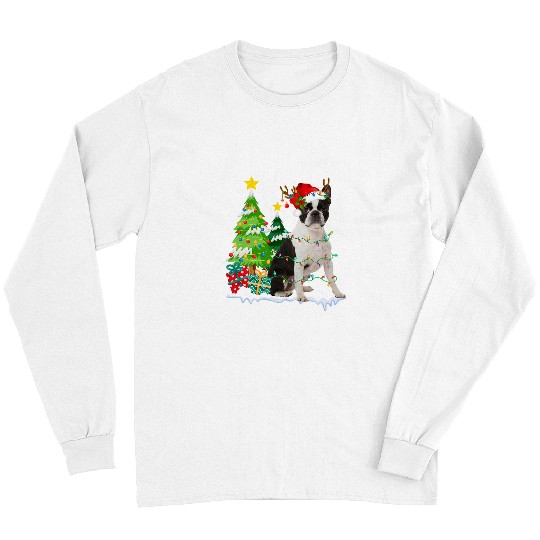 Boston Terrier Pet Santa Hat Reindeer Christmas Lights Long Sleeves