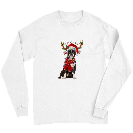 Boston Terrier Pet Santa Boston Terrier Reindeer Christmas Lights Long Sleeves