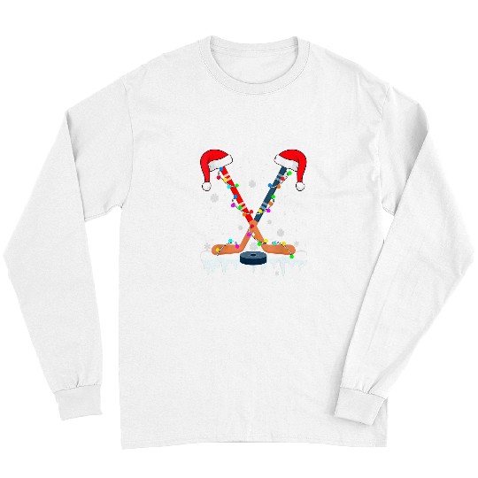 Sport Hockey Santa Hat Christmas Lights Funny Sport Boys xmass PJs Long Sleeves