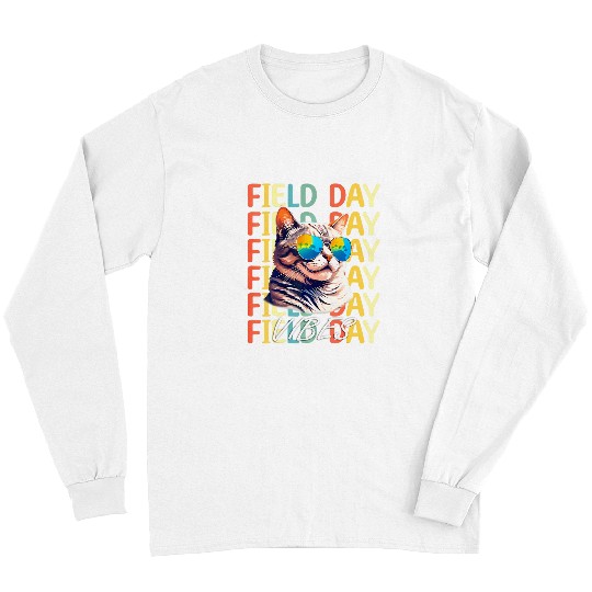 School Field Day Vibes Summer 2024 Retro Cat Teachers Kids Long Sleeves