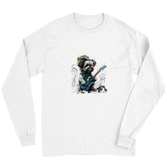 Funny Guitar Shih Tzu dog Playing Electric Guitar Rock Long Sleeves