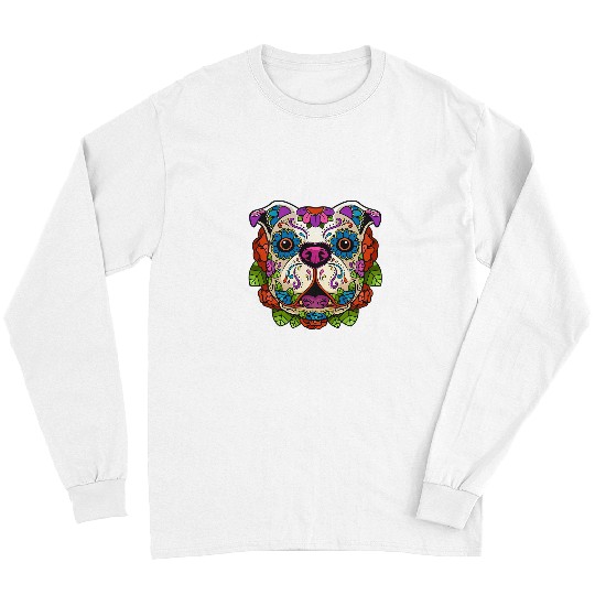 English Bulldog Pet Sugar Skull Dog Calavera Dia De Los Muertos Long Sleeves