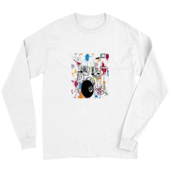 Funny Drummer Silver Drum Set Artistic Design Gift Tee Long Sleeves