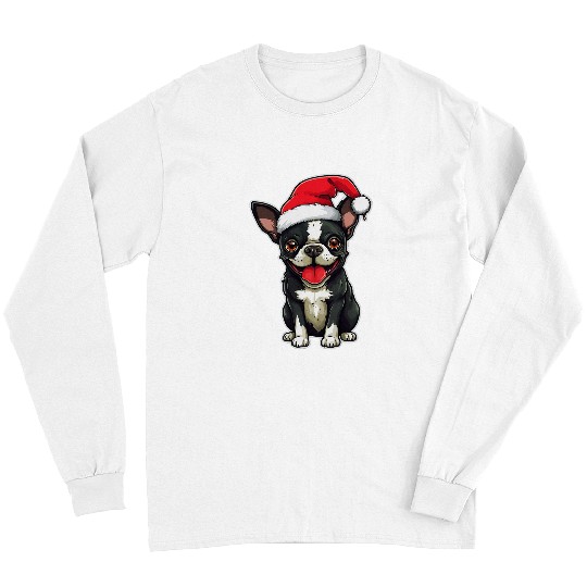 Boston Terrier Pet Santa Hat xmass Dog Lover Christmas Long Sleeves