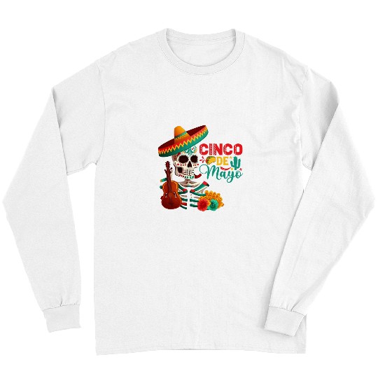 Funny Guitar Happy Cinco de Mayo Sugar Skull Skeletons Guitar Floral Skull Long Sleeves
