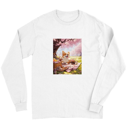 Corgi Pet Cherry Blossom Funny Dog Picnic Long Sleeves