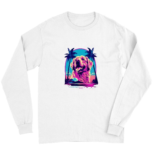 Golden Retriever Pet 80s Synthwave Sunset vintages Retro Long Sleeves