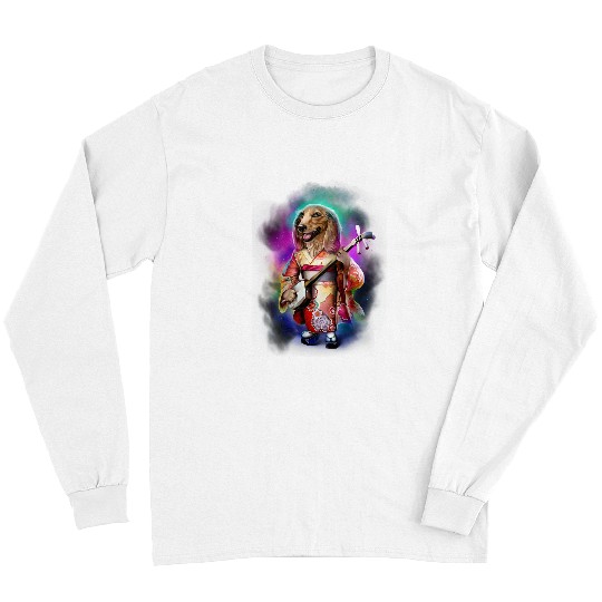 Dachshund Pet in Kimono Play Guitar in Galaxy Rainbow Space Long Sleeves