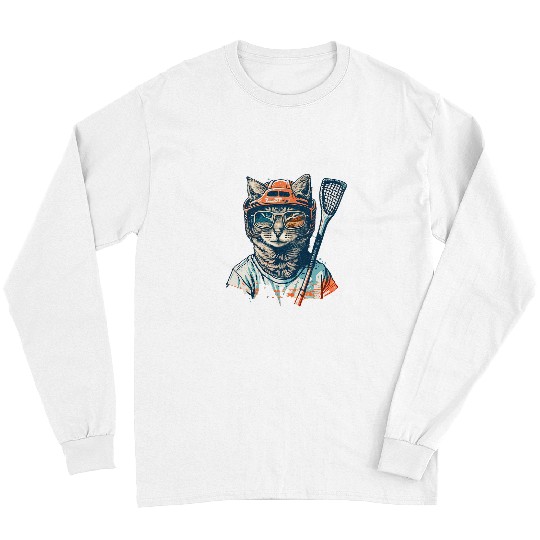 Sport Lacrosse Cat vintages Retro Cat Playing Lacrosse Lax Stick Kitties Lover 1 Long Sleeves