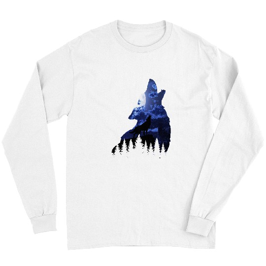 Coyote Mammal Cool Howling wolfs on cliff moon light blue night sky nature Long Sleeves