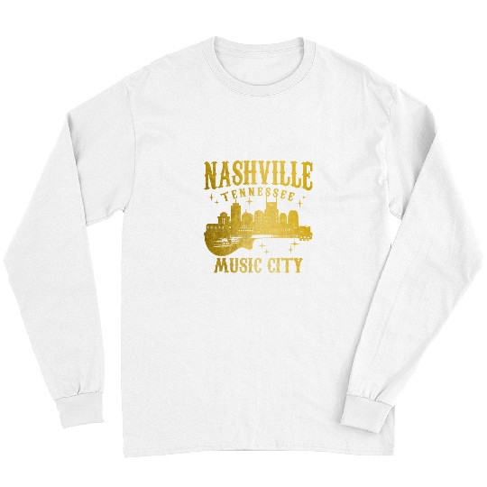 Funny Guitar Womens Nashville Guitar Skyline TN vintages Country Music City Guitarist Long Sleeves
