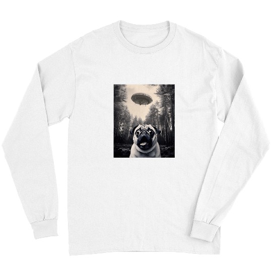 Pug Pet Cool Pug Selfie with UFOs Funny Pug Costume Alien Spaceship Long Sleeves