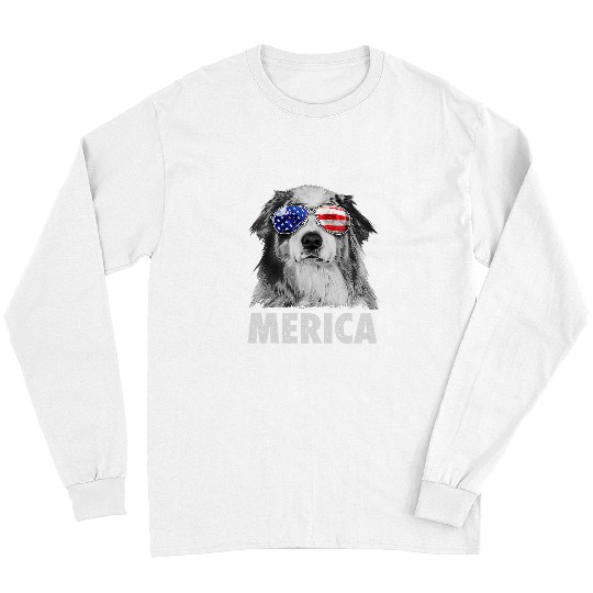 Australian Shepherd Pet Aussie Australian Shepherd 4th of July Merica American Flag Long Sleeves