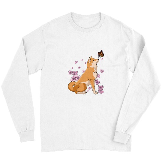 Shiba Inu Pet With Butterfly Japanese Sakura Cherry Blossom Long Sleeves