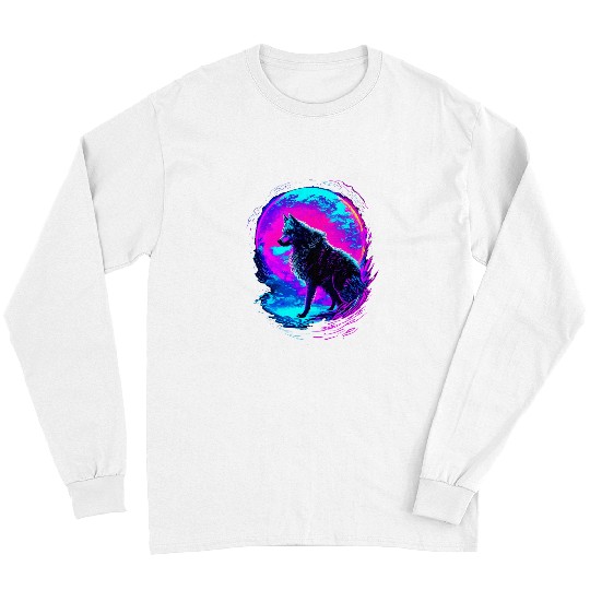 Coyote Mammal Colorful wolfs Art Synthwave Abstract Landscape Long Sleeves
