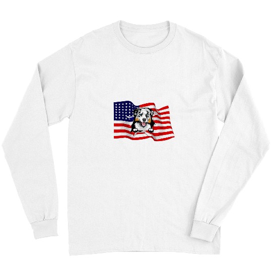 Australian Shepherd Pet American Flag USA Patriot Dog Lover Gift Long Sleeves