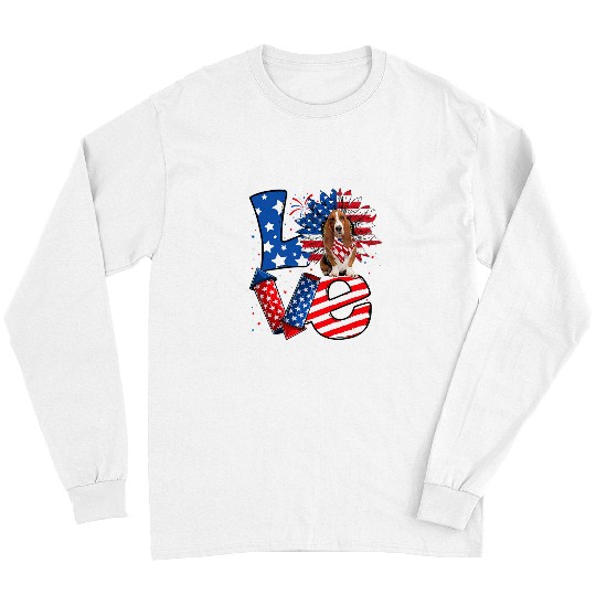 Basset Hound Pet 4th of July Decor Patriotic LOVE Basset Hound Dog USA Flag Long Sleeves