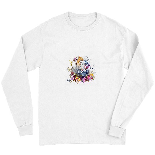 English Bulldog Pet Watercolor English Bulldog with flowers 4 Long Sleeves