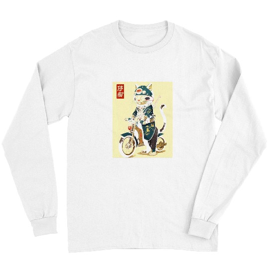 Japanese Samurai Cat on Motorcycle Kawaii Ninja Cat 26 Long Sleeves