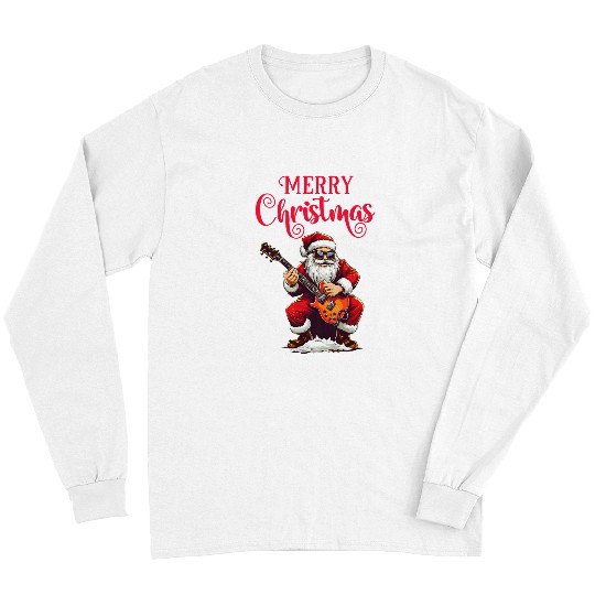 Funny Guitar Rock Roll Music Santa Claus Guitar Player Merry Christmas Long Sleeves