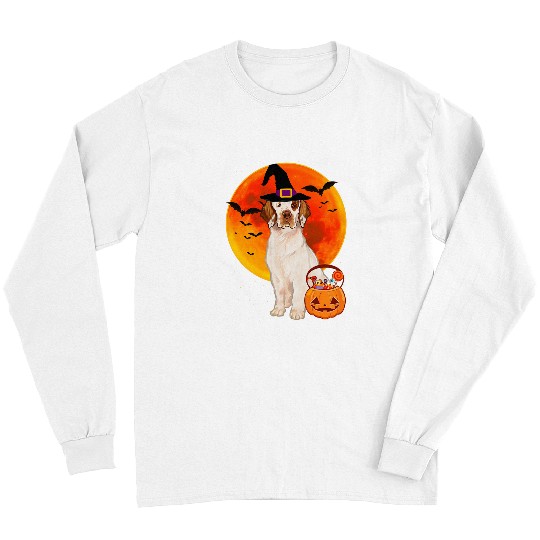 Clumber Spaniel Pet Dog Halloween Clumber Spaniel Jack O Lantern Pumpkin Long Sleeves