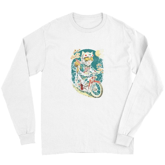 Japanese Samurai Cat on Motorcycle Kawaii Ninja Cat 27 Long Sleeves