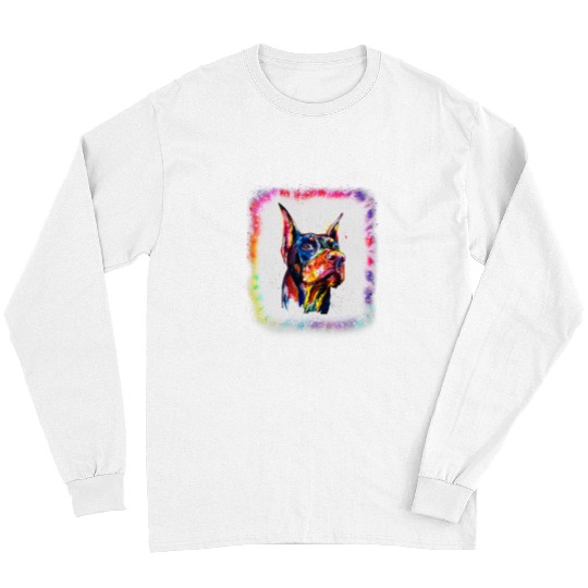 Doberman Pet Watercolor Doberman Dog Dad Mom Boy Girl Tie Dye Bleached Long Sleeves