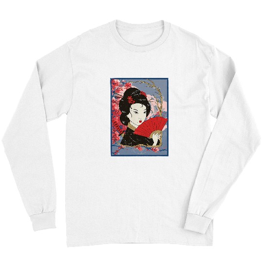 Geisha Girl In Kimono Sakura Cherry Blossom Japan Art Long Sleeves