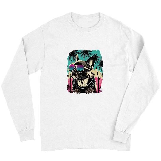 French Bulldog Pet Frenchie in Paradise Retro Bulldog on Palm Sunset Long Sleeves