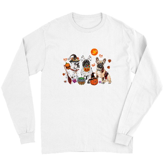 French Bulldog Pet Frenchie Dog Three French Bulldog Dogs Witch Scary Mummy Halloween Zombie Long Sleeves