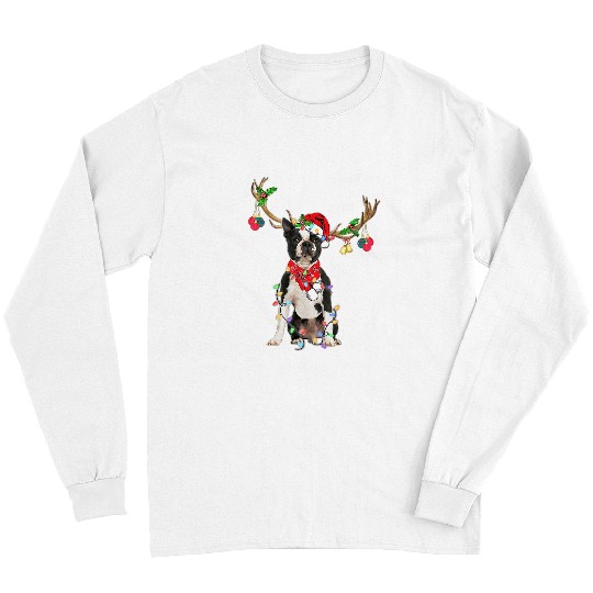 Boston Terrier Pet Funny Boston Terrier Reindeer Christmas Dogs Christmas Light Long Sleeves