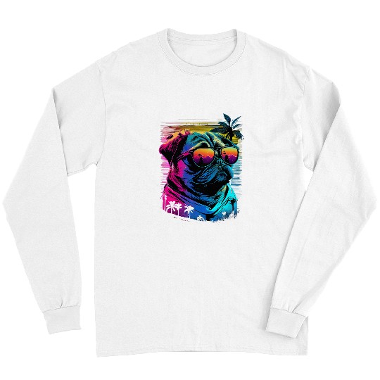 Pug Dog with Sunglasses Vaporwave Synthwave Retrowave Style Long Sleeves