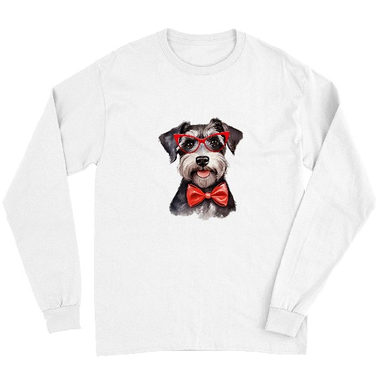 Schnauzer Dog Wearing Red Glasses And Bow Tie 1 Long Sleeves