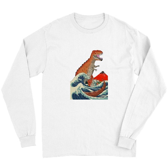 Dinosaur Pet Japan Ukiyo Dinosaur T rexs Red Mount Fuji Tsunami Long Sleeves