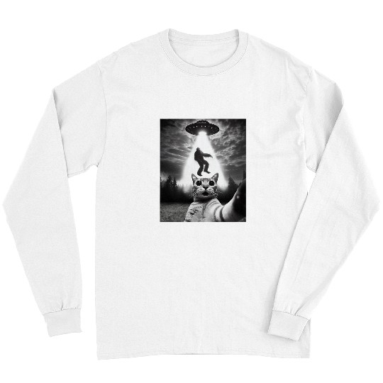 Bigfoot Pet Funny Cat Selfie Flying Alien UFO Abducting Bigfoot Cryptid Long Sleeves